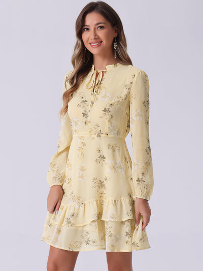 Floral V Neck Semi Sheer Long Sleeve Layered Tiered Chiffon Mini Dress