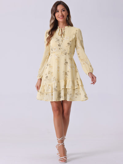 Floral V Neck Semi Sheer Long Sleeve Layered Tiered Chiffon Mini Dress