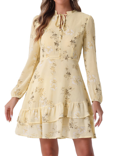 Floral V Neck Semi Sheer Long Sleeve Layered Tiered Chiffon Mini Dress