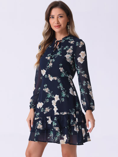 Floral V Neck Semi Sheer Long Sleeve Layered Tiered Chiffon Mini Dress