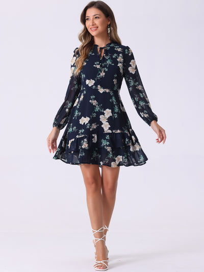 Floral V Neck Semi Sheer Long Sleeve Layered Tiered Chiffon Mini Dress