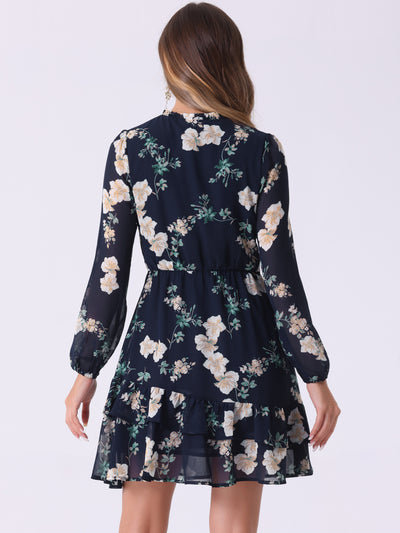 Floral V Neck Semi Sheer Long Sleeve Layered Tiered Chiffon Mini Dress