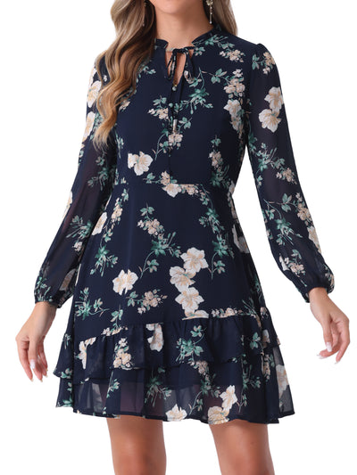 Floral V Neck Semi Sheer Long Sleeve Layered Tiered Chiffon Mini Dress