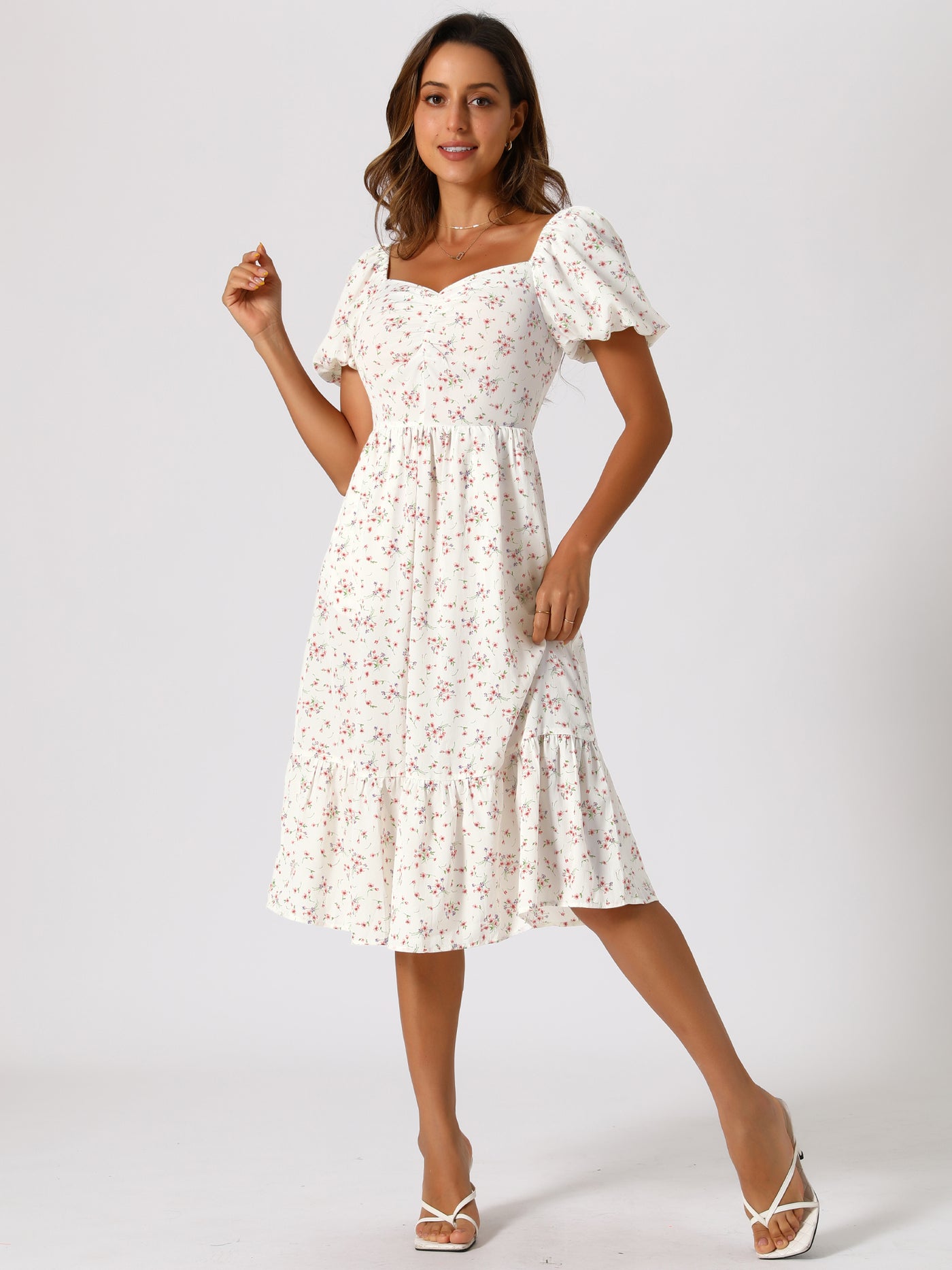 Allegra K Floral Puff Short Sleeve A-Line Casual midi Dress