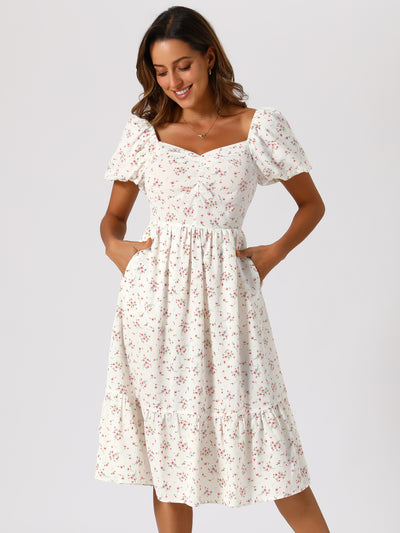 Floral Puff Short Sleeve A-Line Casual midi Dress