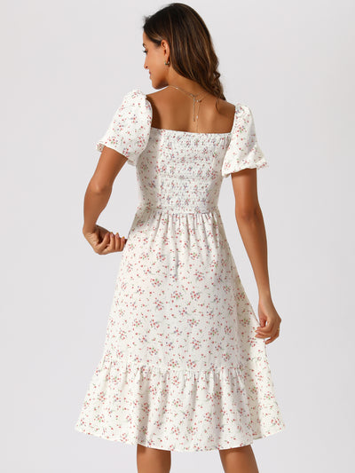 Floral Puff Short Sleeve A-Line Casual midi Dress