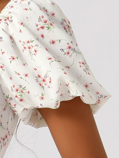 Floral Puff Short Sleeve A-Line Casual midi Dress