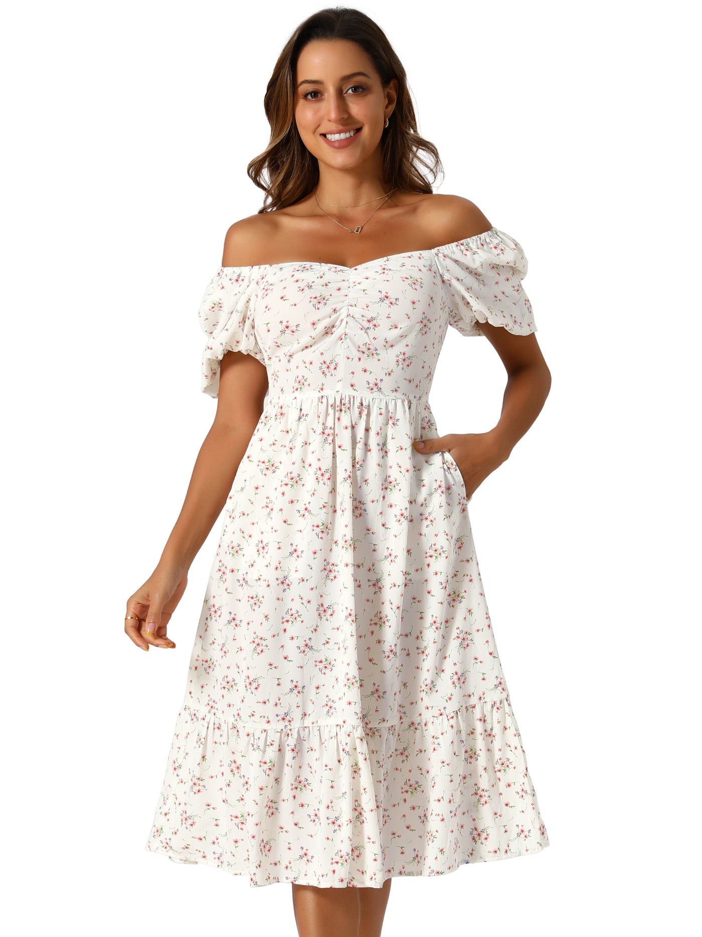 Allegra K Floral Puff Short Sleeve A-Line Casual midi Dress