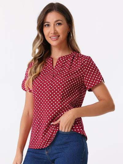 Polka Dots Print V Neck Short Sleeve Elegant Work Office Tops