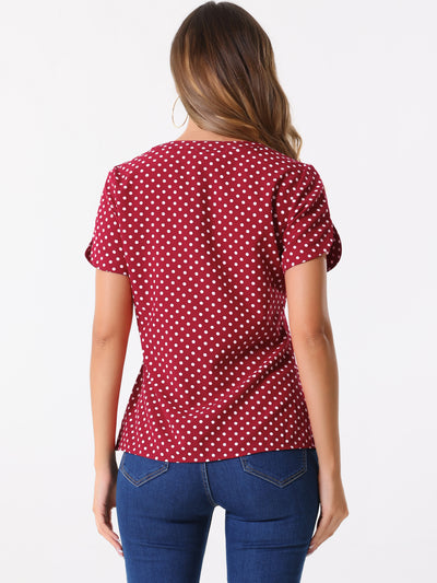 Polka Dots Print V Neck Short Sleeve Elegant Work Office Tops