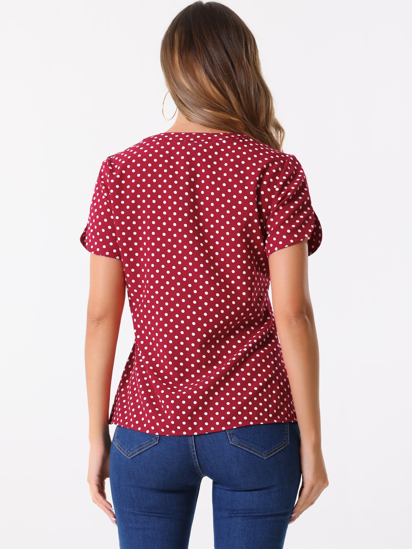 Allegra K Polka Dots Print V Neck Short Sleeve Elegant Work Office Tops