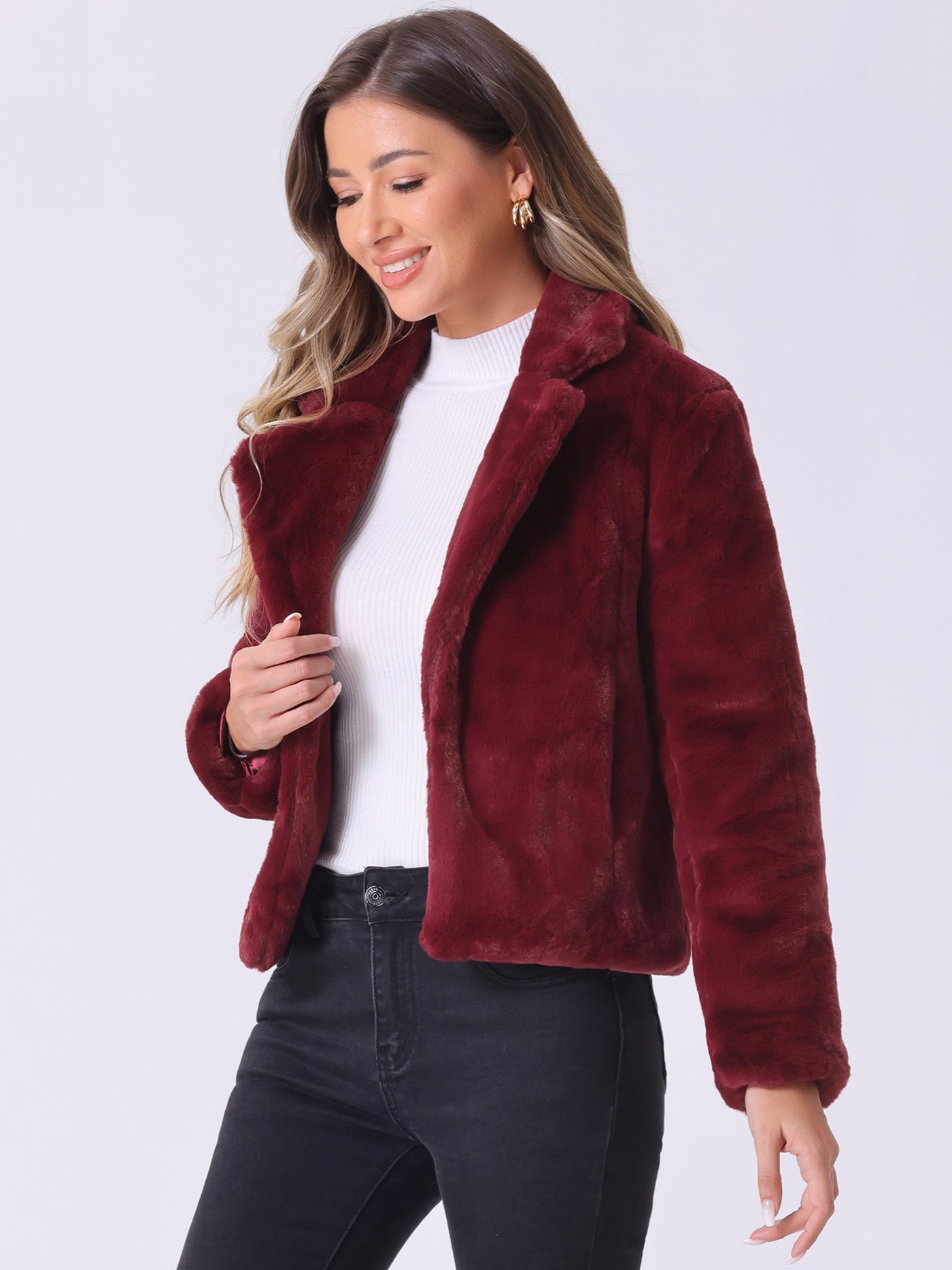 Allegra K Autumn Winter Cropped Jacket Notch Lapel Faux Fur Fluffy Coat