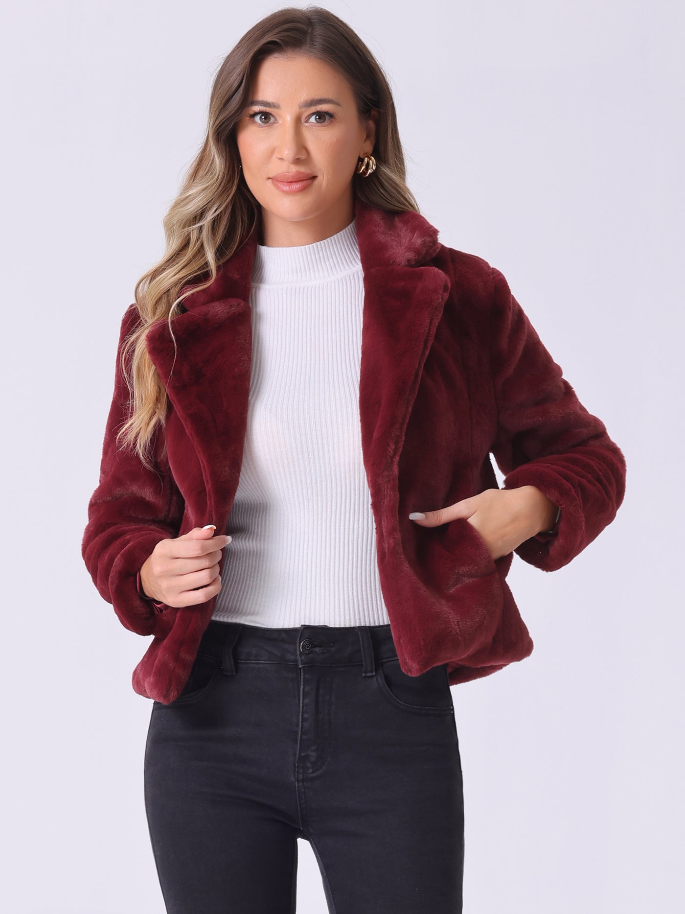 Allegra K Autumn Winter Cropped Jacket Notch Lapel Faux Fur Fluffy Coat