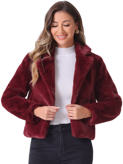 Autumn Winter Cropped Jacket Notch Lapel Faux Fur Fluffy Coat