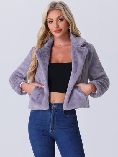 Autumn Winter Cropped Jacket Notch Lapel Faux Fur Fluffy Coat