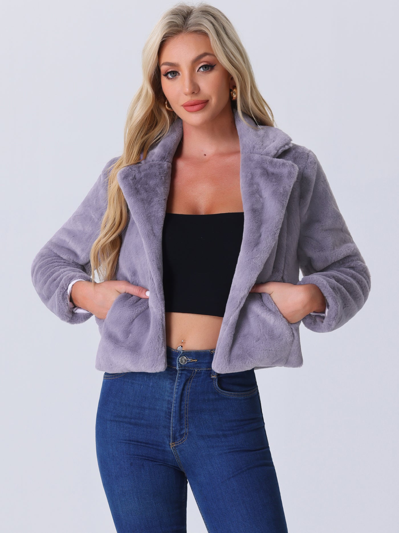 Allegra K Autumn Winter Cropped Jacket Notch Lapel Faux Fur Fluffy Coat