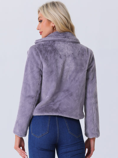 Autumn Winter Cropped Jacket Notch Lapel Faux Fur Fluffy Coat