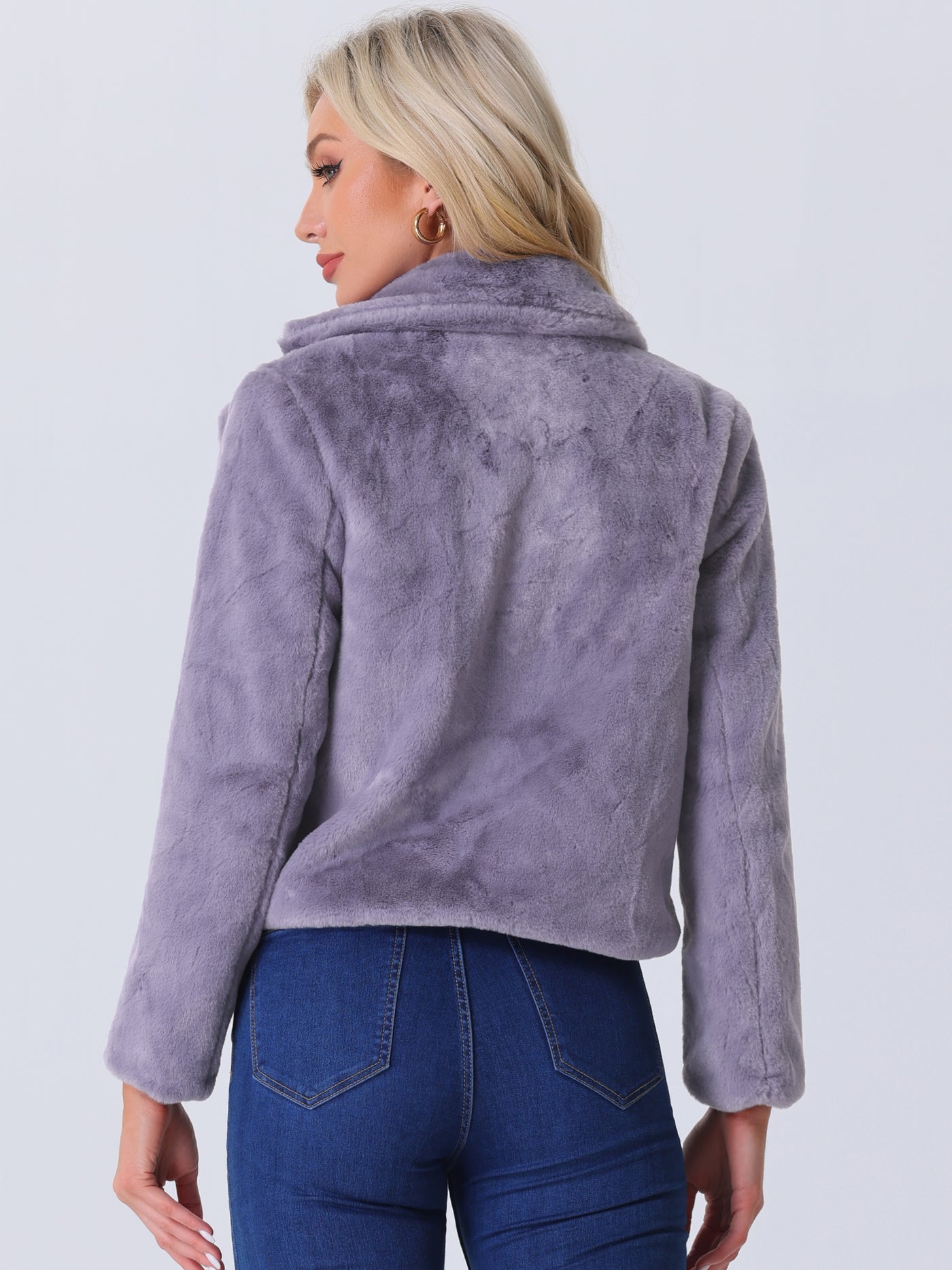 Allegra K Autumn Winter Cropped Jacket Notch Lapel Faux Fur Fluffy Coat