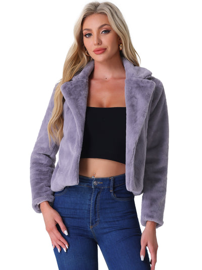 Autumn Winter Cropped Jacket Notch Lapel Faux Fur Fluffy Coat