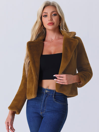 Autumn Winter Cropped Jacket Notch Lapel Faux Fur Fluffy Coat