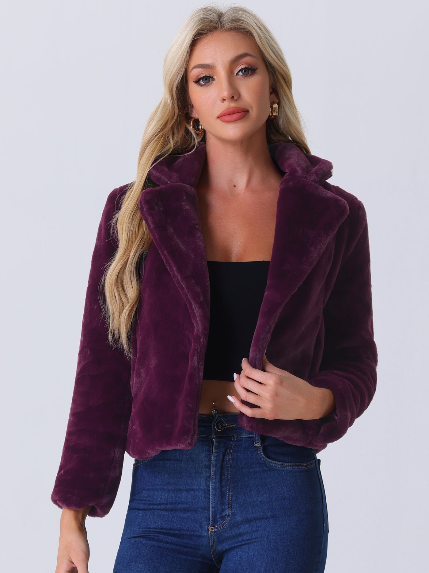 Allegra K Autumn Winter Cropped Jacket Notch Lapel Faux Fur Fluffy Coat