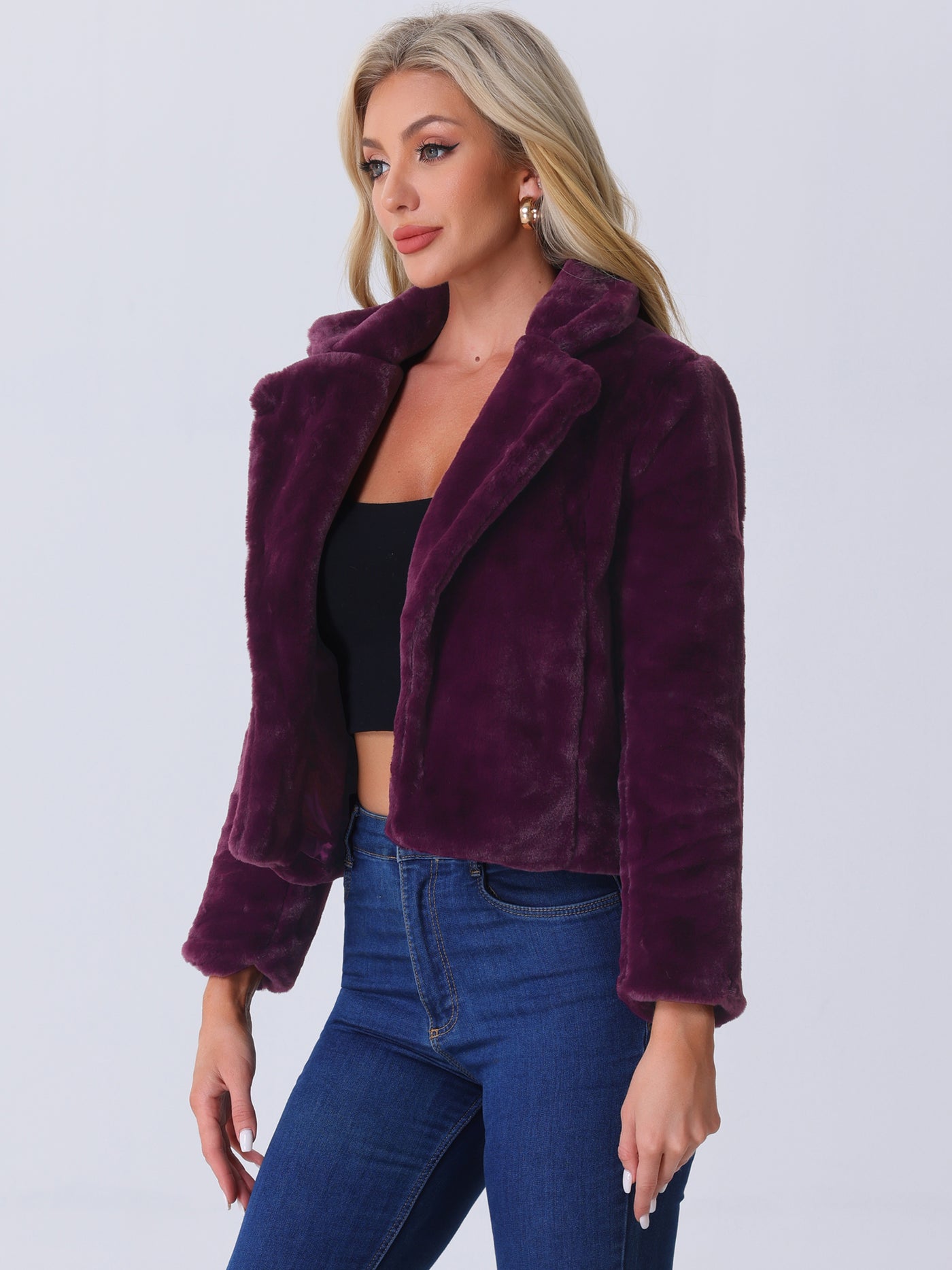 Allegra K Autumn Winter Cropped Jacket Notch Lapel Faux Fur Fluffy Coat