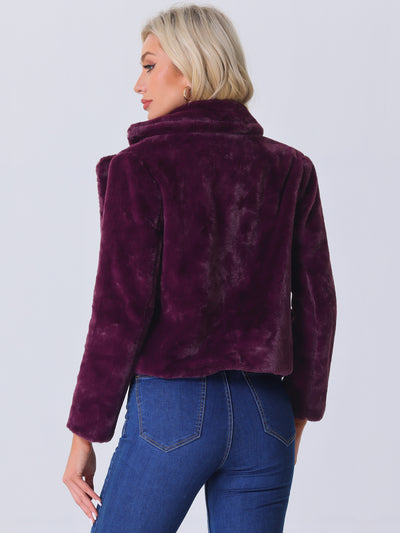 Autumn Winter Cropped Jacket Notch Lapel Faux Fur Fluffy Coat