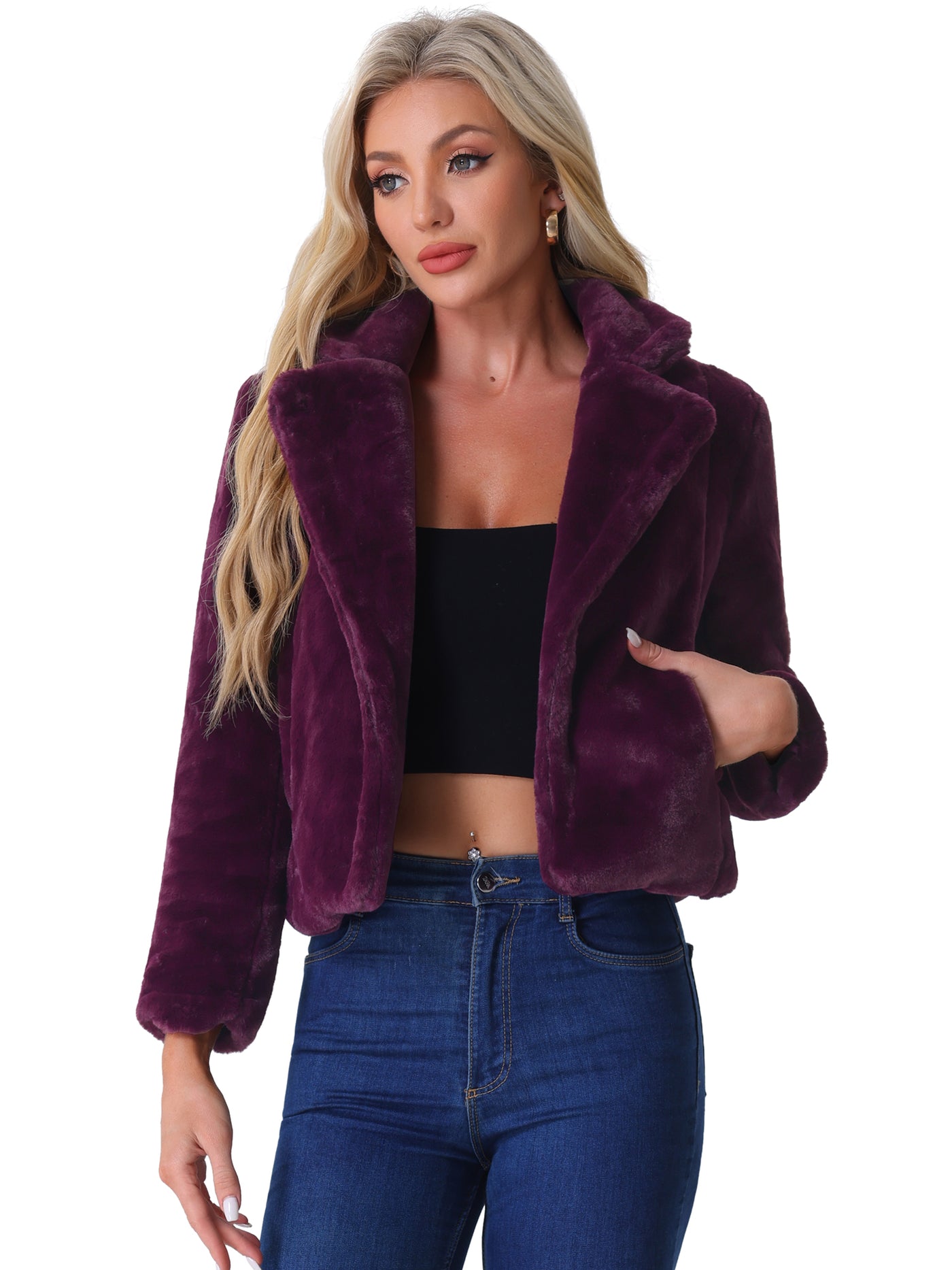 Allegra K Autumn Winter Cropped Jacket Notch Lapel Faux Fur Fluffy Coat