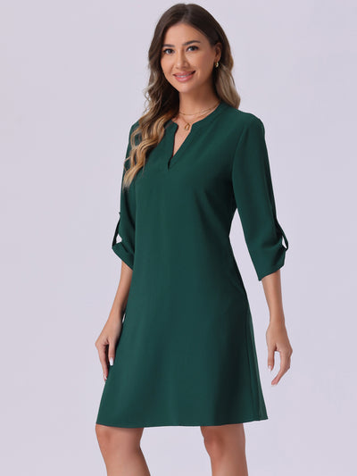 V Neck Roll-Up Sleeve Solid Color Casual Shift Dress