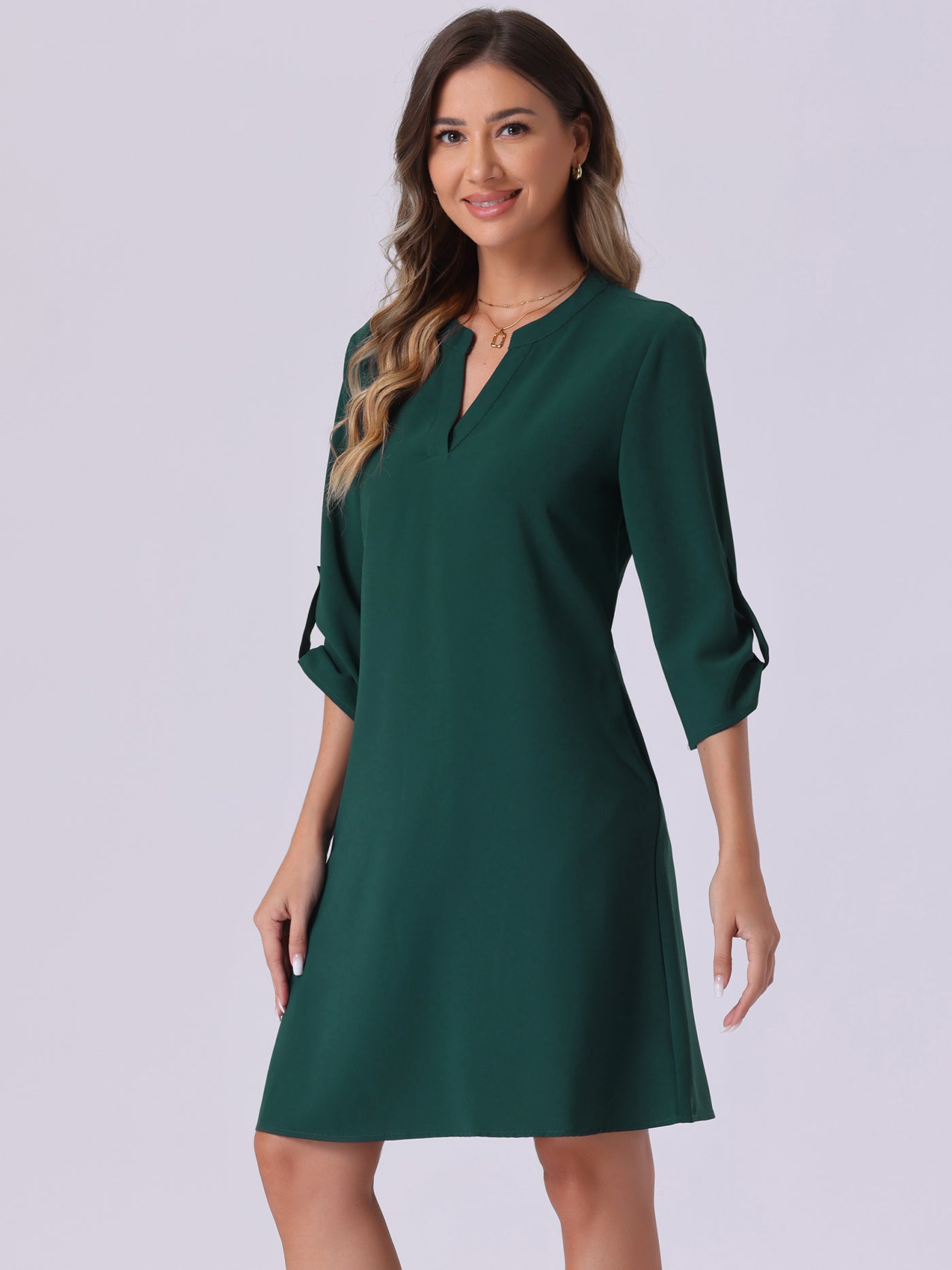 Allegra K V Neck Roll-Up Sleeve Solid Color Casual Shift Dress