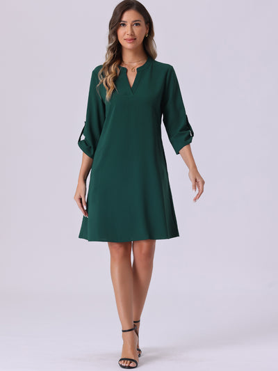 V Neck Roll-Up Sleeve Solid Color Casual Shift Dress