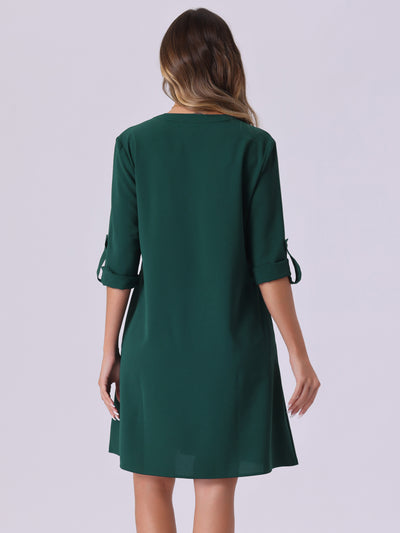 V Neck Roll-Up Sleeve Solid Color Casual Shift Dress