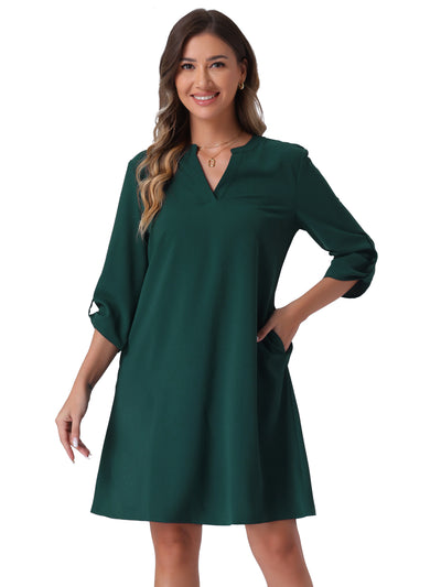 V Neck Roll-Up Sleeve Solid Color Casual Shift Dress