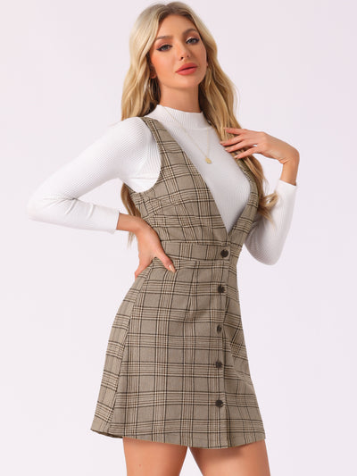 Overalls Suspenders V Neck Plaid Houndstooth Pinafore Dress