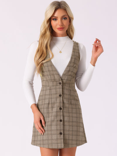 Overalls Suspenders V Neck Plaid Houndstooth Pinafore Dress