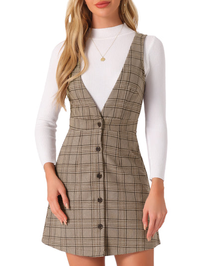 Overalls Suspenders V Neck Plaid Houndstooth Pinafore Dress