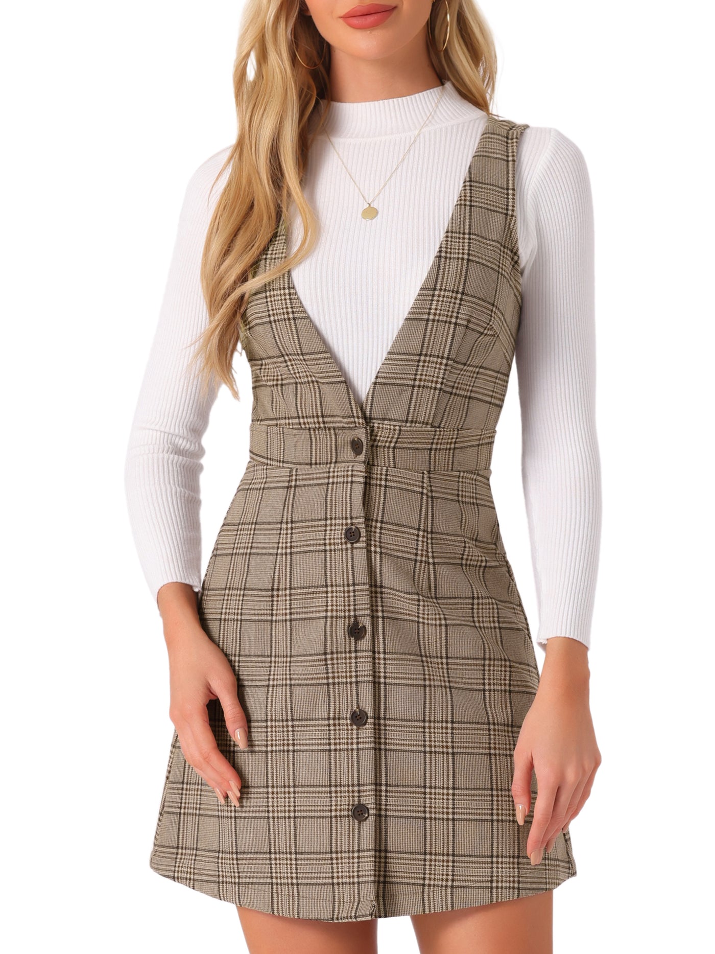 Allegra K Overalls Suspenders V Neck Plaid Houndstooth Pinafore Dress