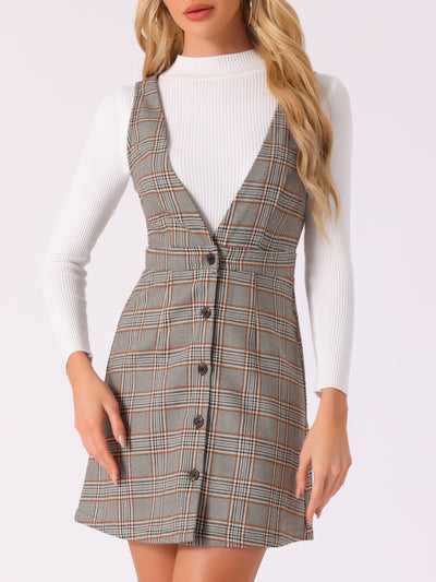 Overalls Suspenders V Neck Plaid Houndstooth Pinafore Dress