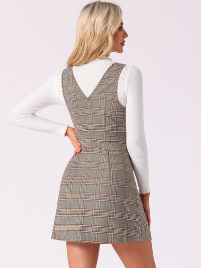 Overalls Suspenders V Neck Plaid Houndstooth Pinafore Dress