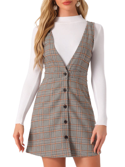 Overalls Suspenders V Neck Plaid Houndstooth Pinafore Dress