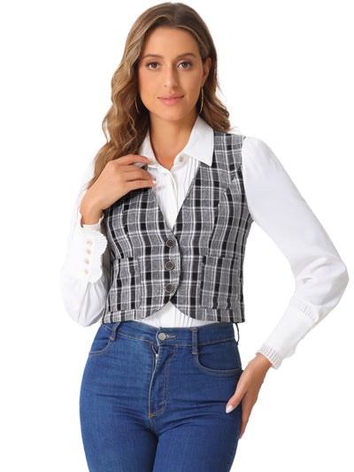 Retro Plaid V Neck Single Breasted Sleeveless Racerback Waistcoat