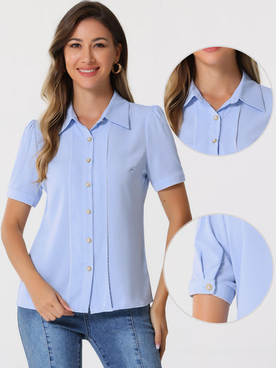 Button Down Shirt Contrast Trim Puff Short Sleeve Blouse