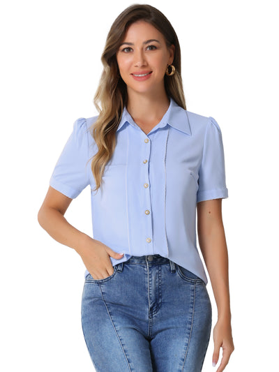 Button Down Shirt Contrast Trim Puff Short Sleeve Blouse