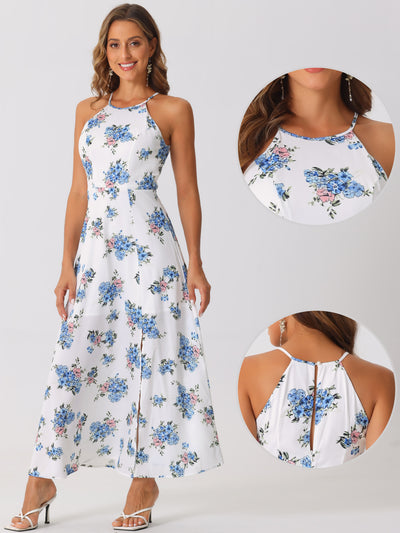 Sleeveless Floral Round Neck Slit Hem Summer Long Maxi Dress Sundress