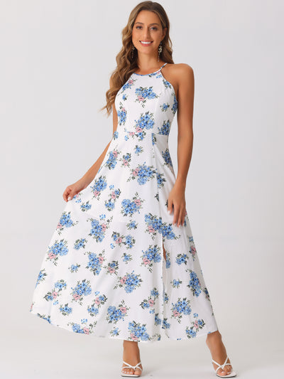 Sleeveless Floral Round Neck Slit Hem Summer Long Maxi Dress Sundress