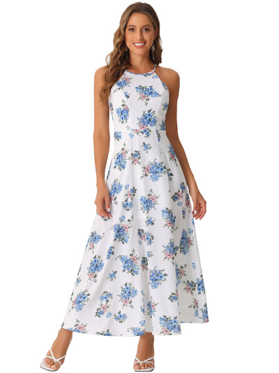 Sleeveless Floral Round Neck Slit Hem Summer Long Maxi Dress Sundress