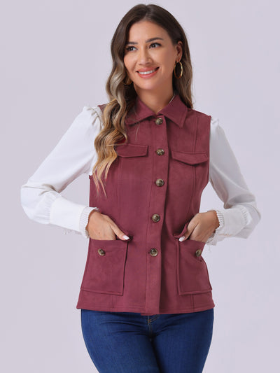 Faux Suede Vest Utility Buttoned Sleeveless Jacket with Cargo Pocket