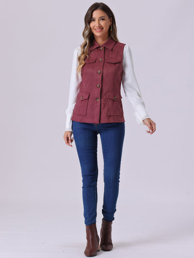 Faux Suede Vest Utility Buttoned Sleeveless Jacket with Cargo Pocket