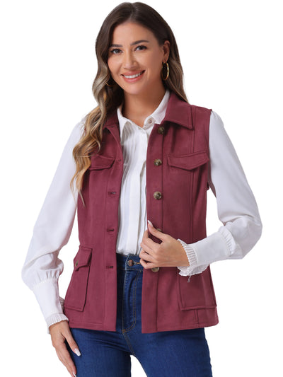 Faux Suede Vest Utility Buttoned Sleeveless Jacket with Cargo Pocket