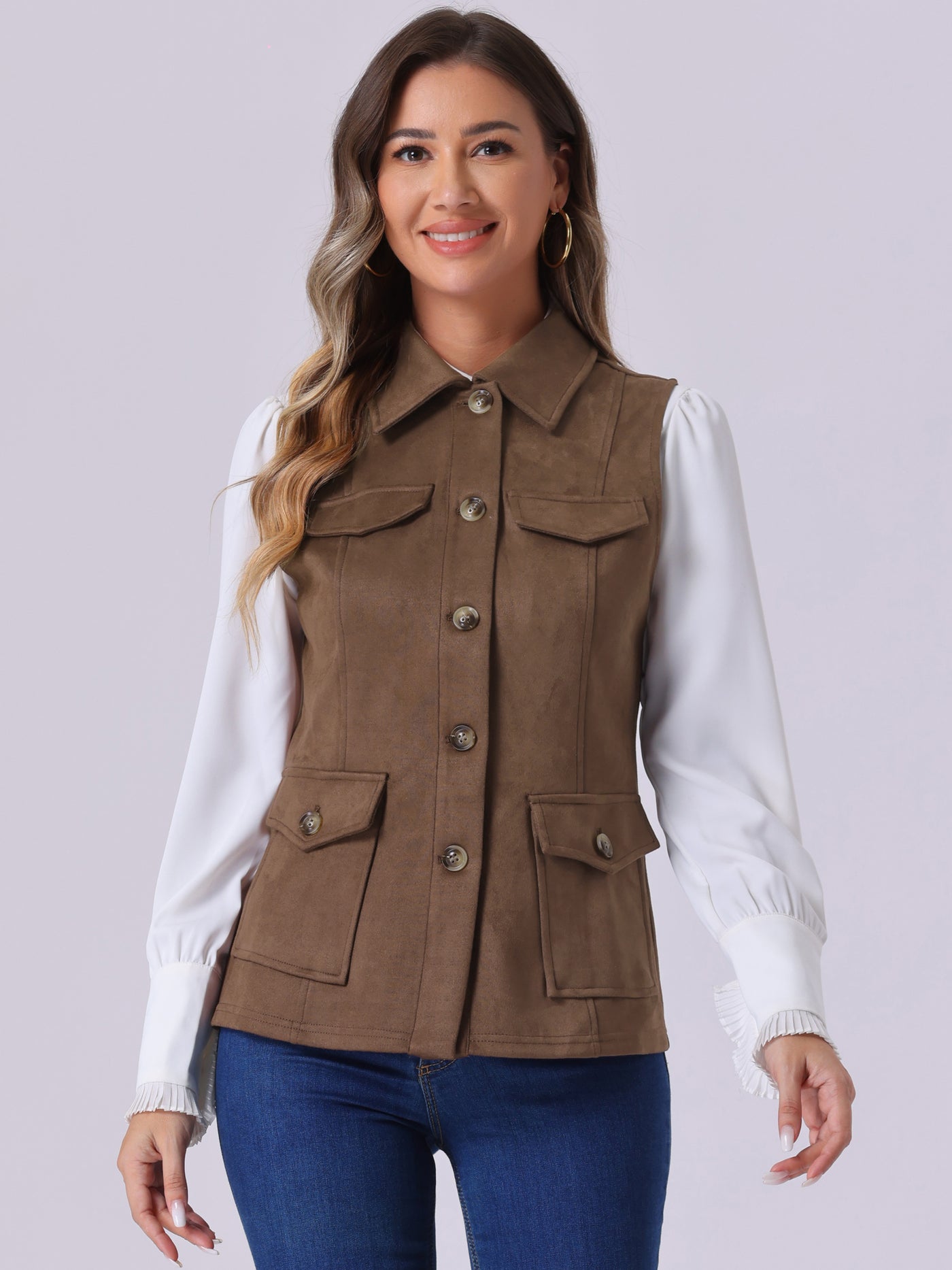 Allegra K Faux Suede Vest Utility Buttoned Sleeveless Jacket with Cargo Pocket